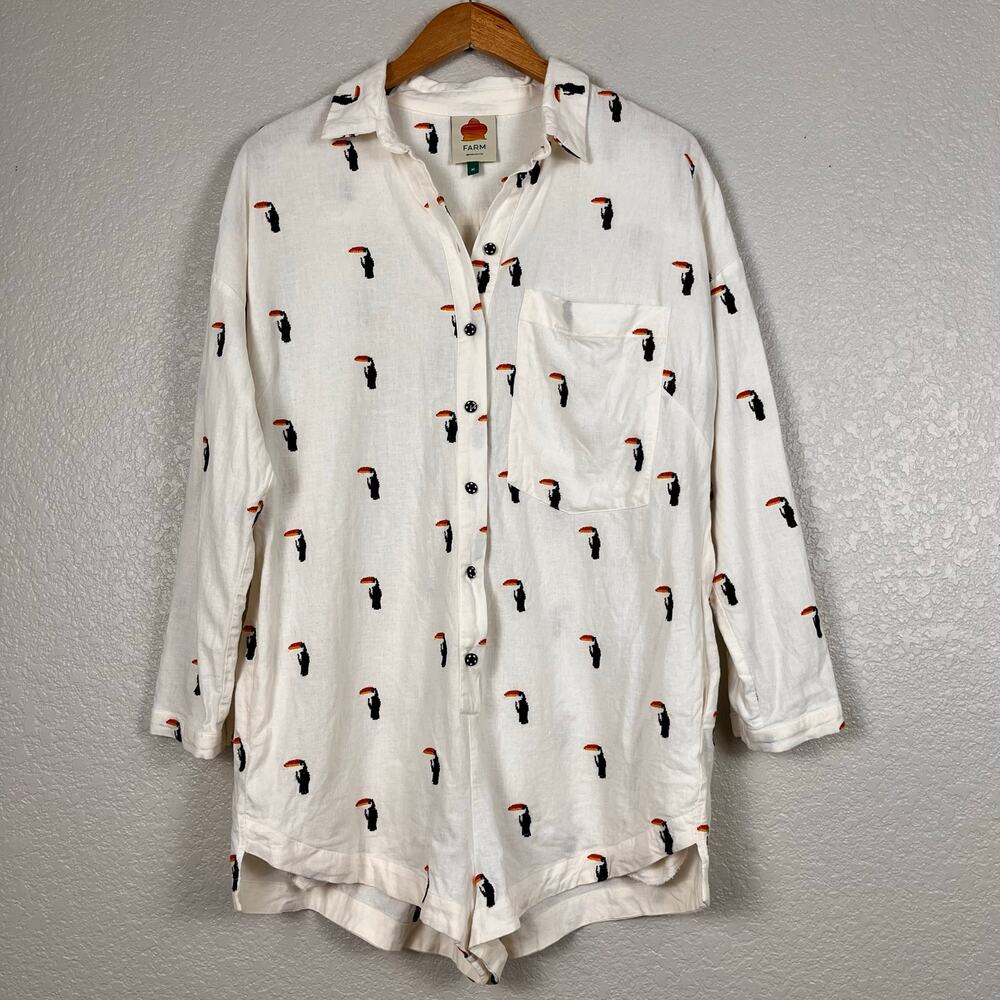 Farm Rio Womens Size Medium Linen Blend Toucan Print Long Sleeve Romper Pockets